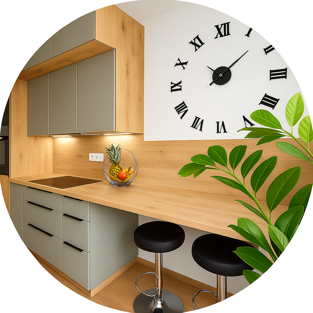 Moderne Beige und weiße Einbauküche mit Holzarbeitsplatte in U-Form